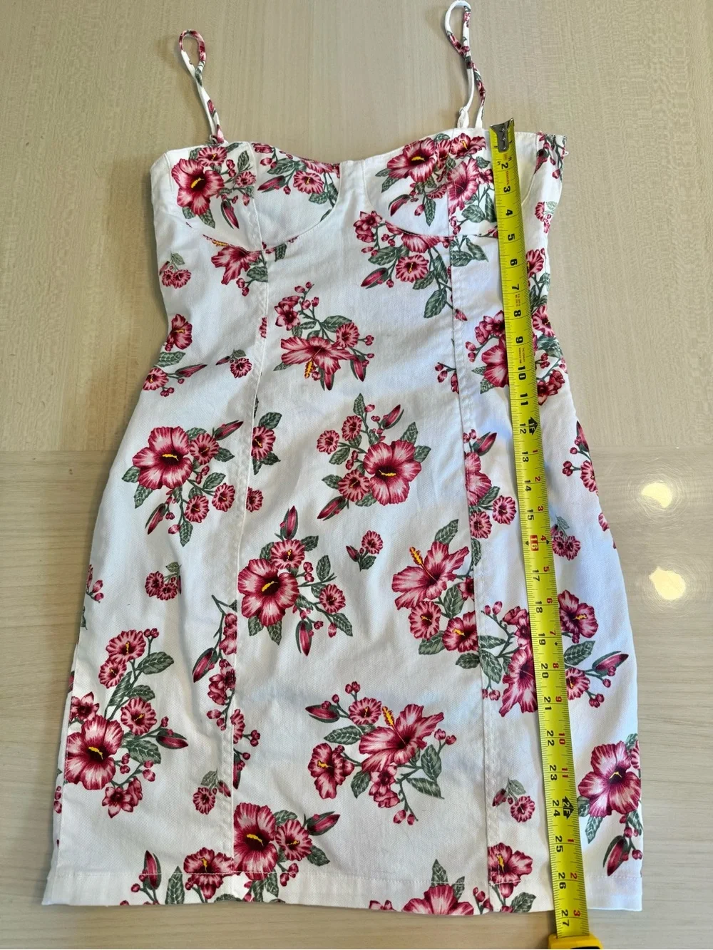 🌺 White Denim Bustier Hibiscus Floral Dress H&M Pink Flowers Large Sweetheart